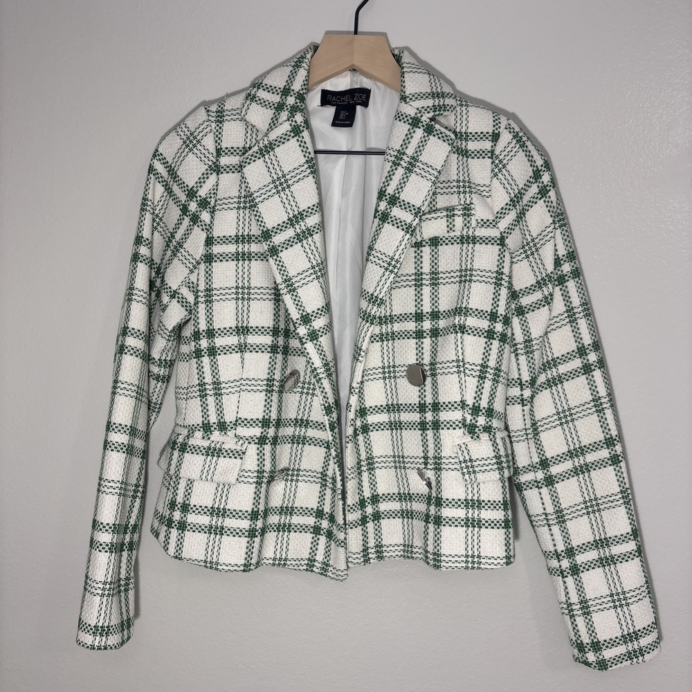 Women's Rachel Zoe Green & White Tweed Cropped Blazer Jacket Size Small
